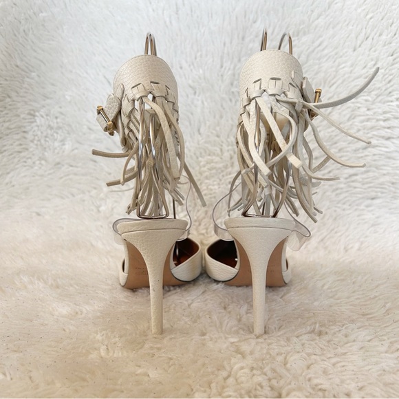 Valentino C-Rockee White Leather Illusion Fringe Ankle Wrap Heels Size EU 38.5 - Picture 10 of 15